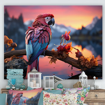 Red And Blue Parrots Radiant Plumage Sunset - Red Parrot Wall Art